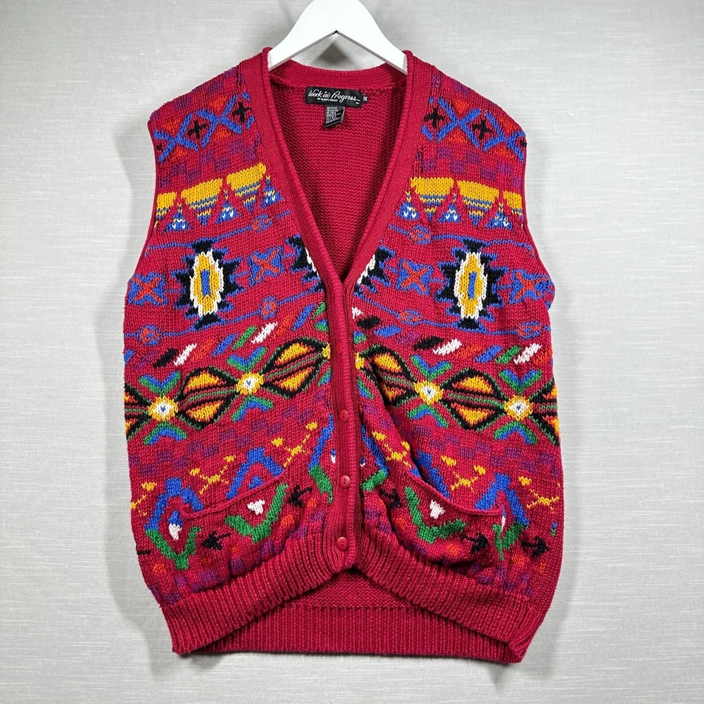 VINTAGE Vest Womans 1X Red‎ Knit Aztec Work In Progress Ugly Cozy Granny Grandma